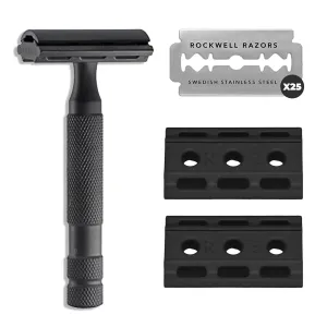 Rockwell Razors 6S Black Stainless Steel Double-Edge Safety Razor for Men and Women with 6 Adjustable Shave Settings and 25 Fully Recyclable Eco Razor Blades