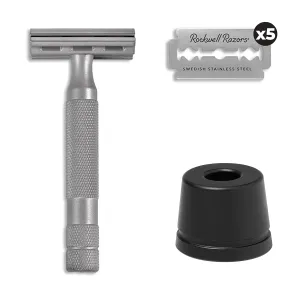 Rockwell Razors 6S Silver Stainless Steel Double-Edge Safety Razor & Stand for Men and Women with 6 Adjustable Shave Settings and 5 Fully Recyclable Eco Razor Blades