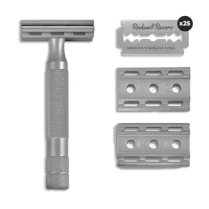 Rockwell Razors 6S Silver Stainless Steel Double-Edge Safety Razor for Men and Women with 6 Adjustable Shave Settings and 25 Fully Recyclable Eco Razor Blades