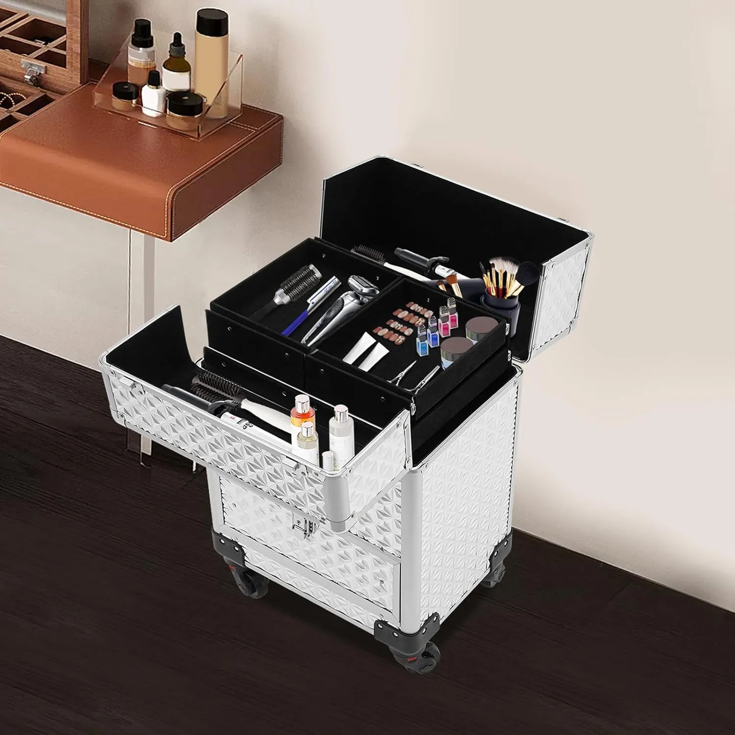 Rolling Makeup Case Large Cosmetic Travel Trolley Sliding Drawer 4 Tray Makeup Storage with Wheels for Hairdressers, Pet Beauticians, Makeup Artists Style1, Silver
