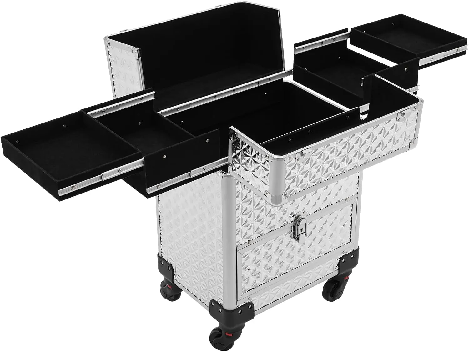 Rolling Makeup Case Large Cosmetic Travel Trolley Sliding Drawer 4 Tray Makeup Storage with Wheels for Hairdressers, Pet Beauticians, Makeup Artists Style1, Silver