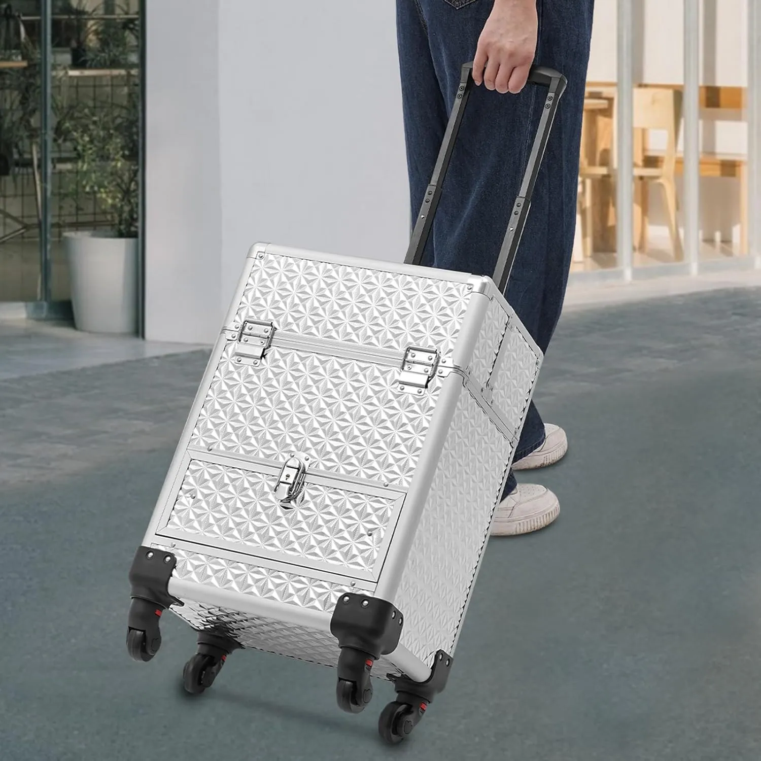 Rolling Makeup Case Large Cosmetic Travel Trolley Sliding Drawer 4 Tray Makeup Storage with Wheels for Hairdressers, Pet Beauticians, Makeup Artists Style1, Silver
