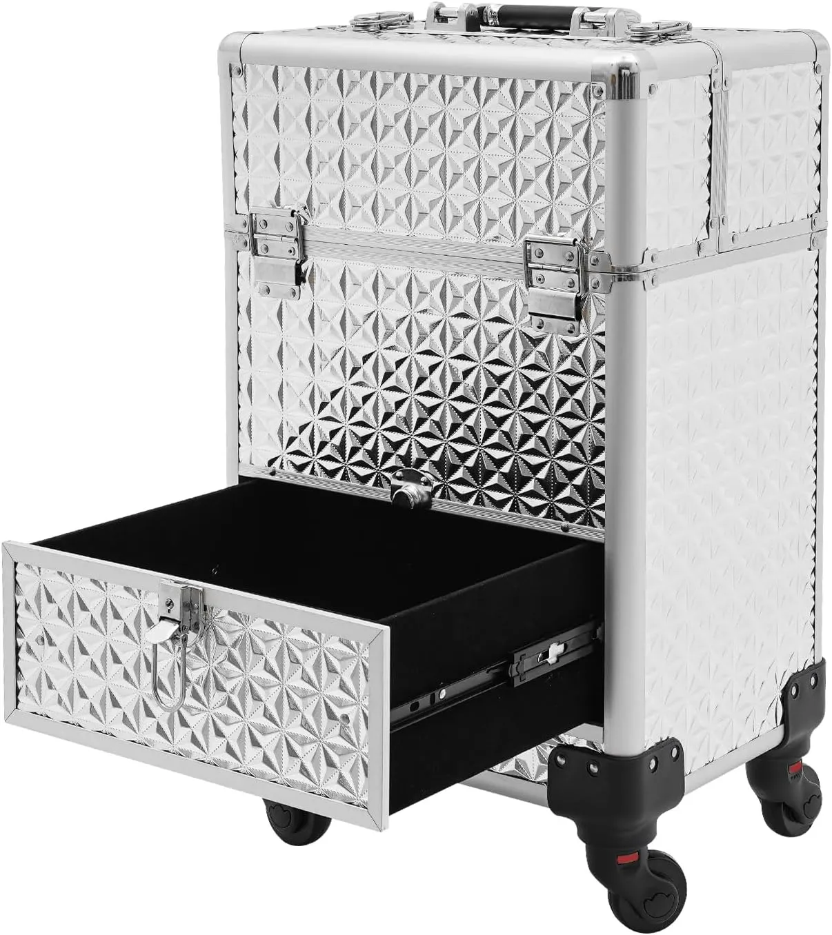Rolling Makeup Case Large Cosmetic Travel Trolley Sliding Drawer 4 Tray Makeup Storage with Wheels for Hairdressers, Pet Beauticians, Makeup Artists Style1, Silver