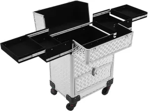 Rolling Makeup Case Large Cosmetic Travel Trolley Sliding Drawer 4 Tray Makeup Storage with Wheels for Hairdressers, Pet Beauticians, Makeup Artists Style1, Silver