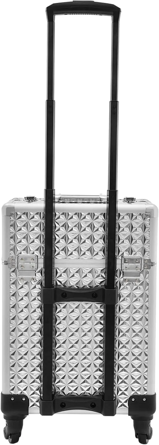 Rolling Makeup Case Large Cosmetic Travel Trolley Sliding Drawer 4 Tray Makeup Storage with Wheels for Hairdressers, Pet Beauticians, Makeup Artists Style1, Silver