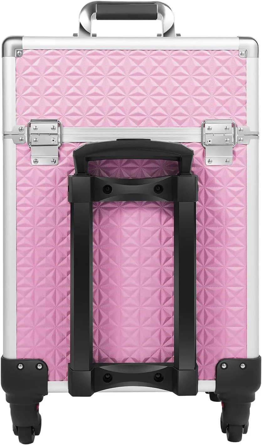 Rolling Makeup Train Case Large Cosmetic Trolley Nail Bag Organizer Professional Manicure Tool kit Portable Manicure Storage Case with Swivel Wheels 4 Tray and Sliding Rail (Pink)