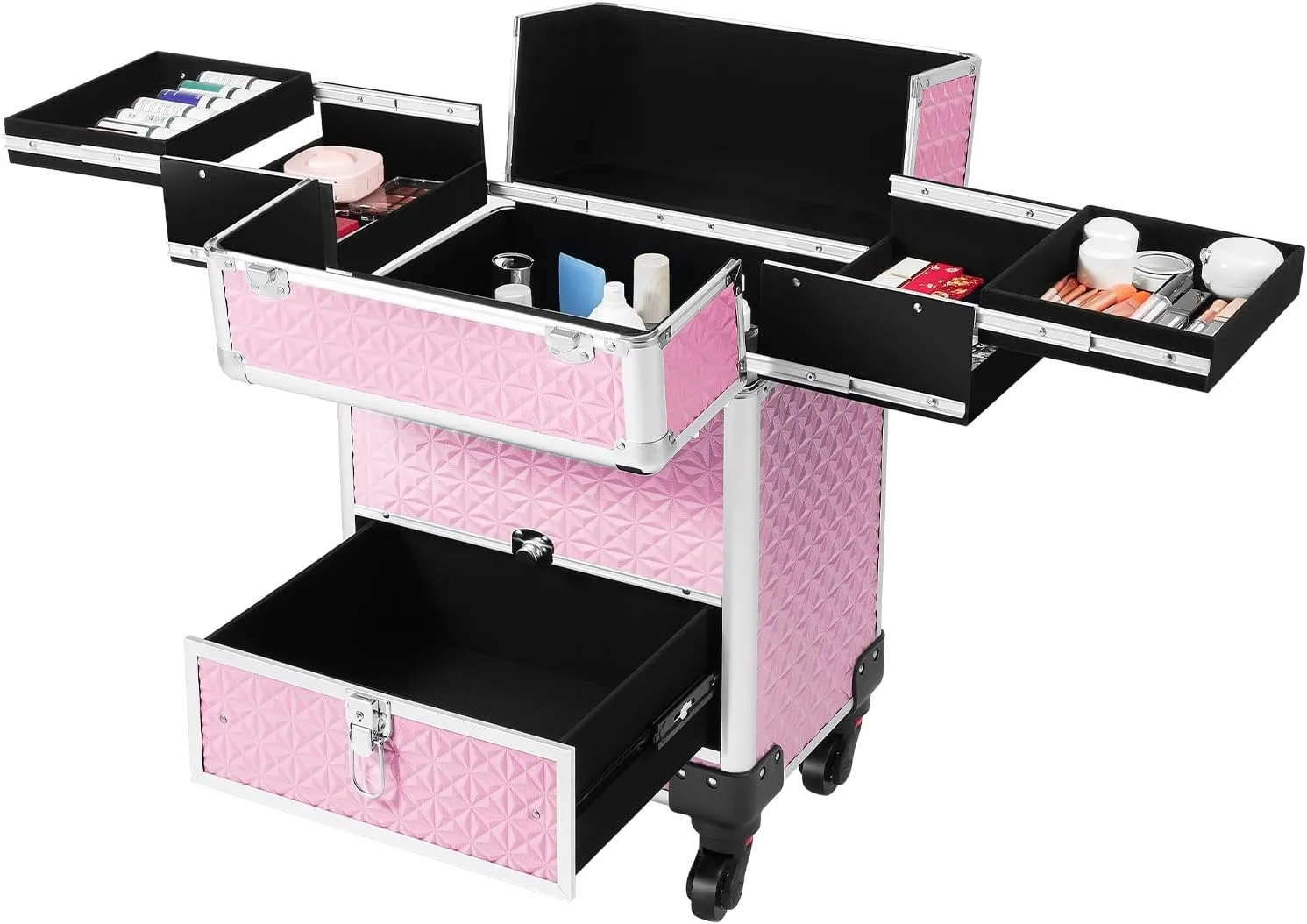 Rolling Makeup Train Case Large Cosmetic Trolley Nail Bag Organizer Professional Manicure Tool kit Portable Manicure Storage Case with Swivel Wheels 4 Tray and Sliding Rail (Pink)