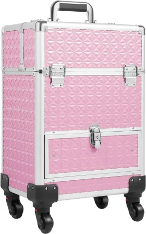 Rolling Makeup Train Case Large Cosmetic Trolley Nail Bag Organizer Professional Manicure Tool kit Portable Manicure Storage Case with Swivel Wheels 4 Tray and Sliding Rail (Pink)