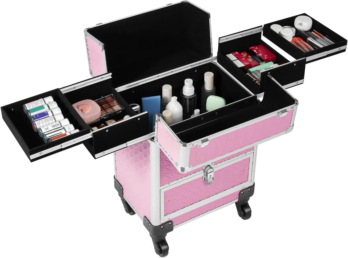 Rolling Makeup Train Case Large Cosmetic Trolley Nail Bag Organizer Professional Manicure Tool kit Portable Manicure Storage Case with Swivel Wheels 4 Tray and Sliding Rail (Pink)