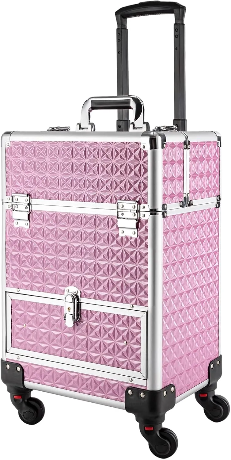 Rolling Nail Case, Wheeled Manicure Storage Case, Large Storage Cosmetic Trolley, Professional Makeup Trolley for Studio or Travelling Nail Technician Artists Cosmetologist Stylist Pink