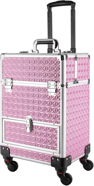 Rolling Nail Case, Wheeled Manicure Storage Case, Large Storage Cosmetic Trolley, Professional Makeup Trolley for Studio or Travelling Nail Technician Artists Cosmetologist Stylist Pink