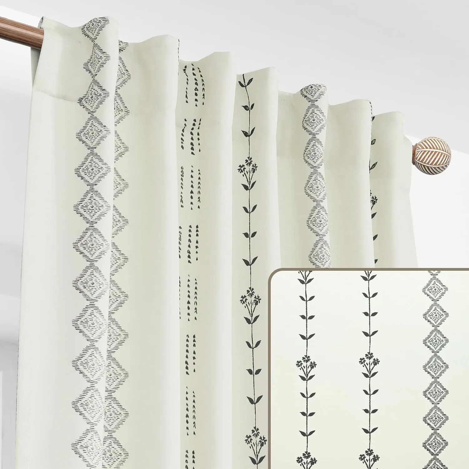 Room Darkening Farmhouse Curtains for Living Room,Cream and Black Boho 70% Blackout Curtains for Bedroom 84 Inches Long