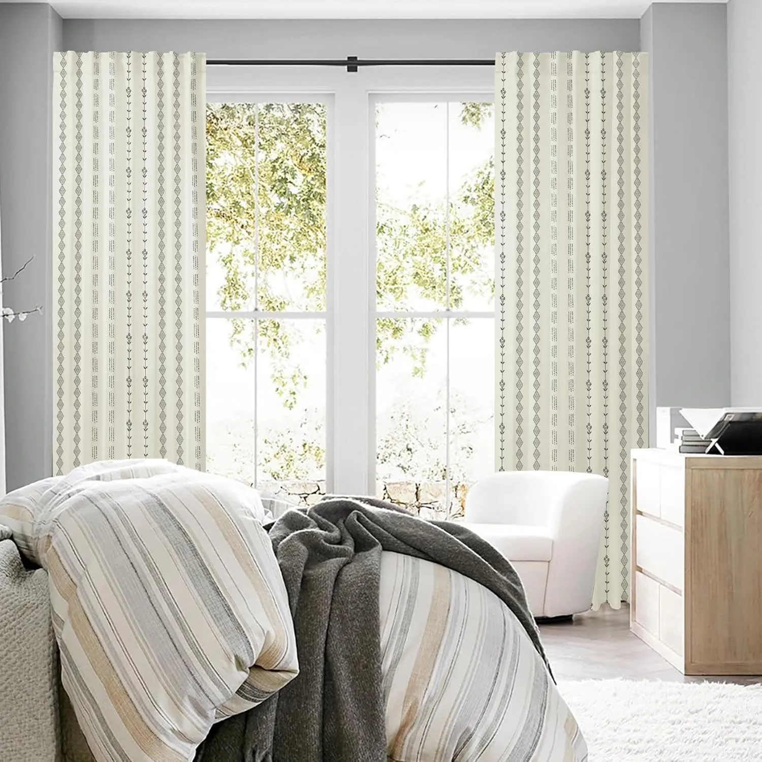 Room Darkening Farmhouse Curtains for Living Room,Cream and Black Boho 70% Blackout Curtains for Bedroom 84 Inches Long