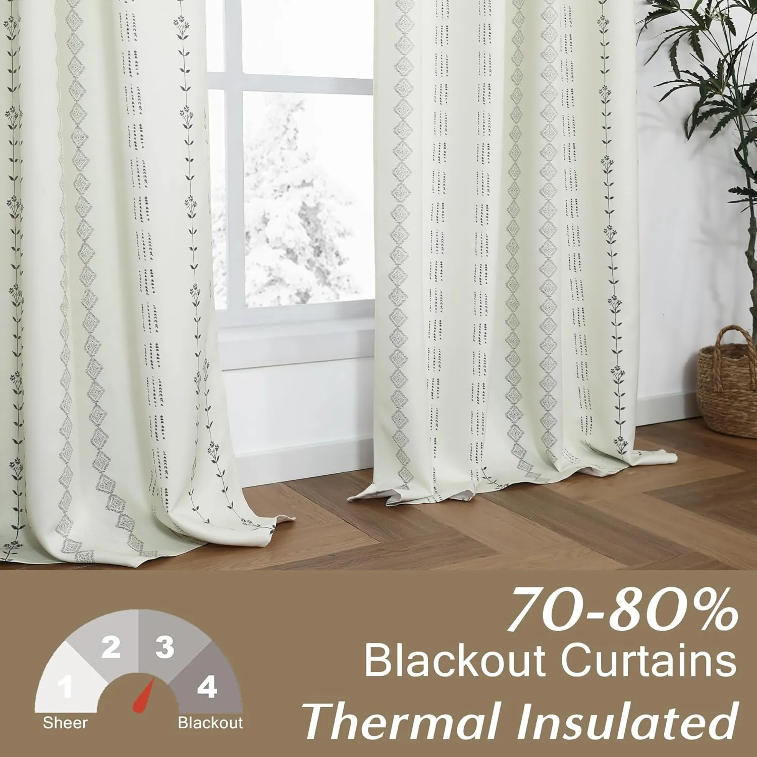 Room Darkening Farmhouse Curtains for Living Room,Cream and Black Boho 70% Blackout Curtains for Bedroom 84 Inches Long