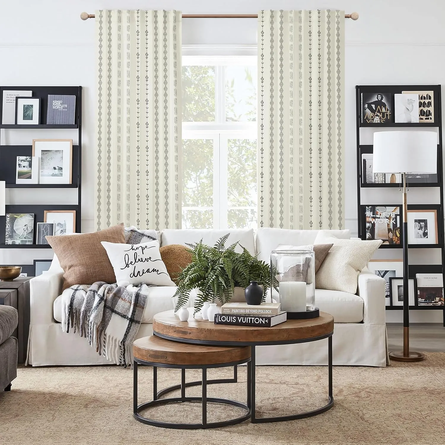 Room Darkening Farmhouse Curtains for Living Room,Cream and Black Boho 70% Blackout Curtains for Bedroom 84 Inches Long