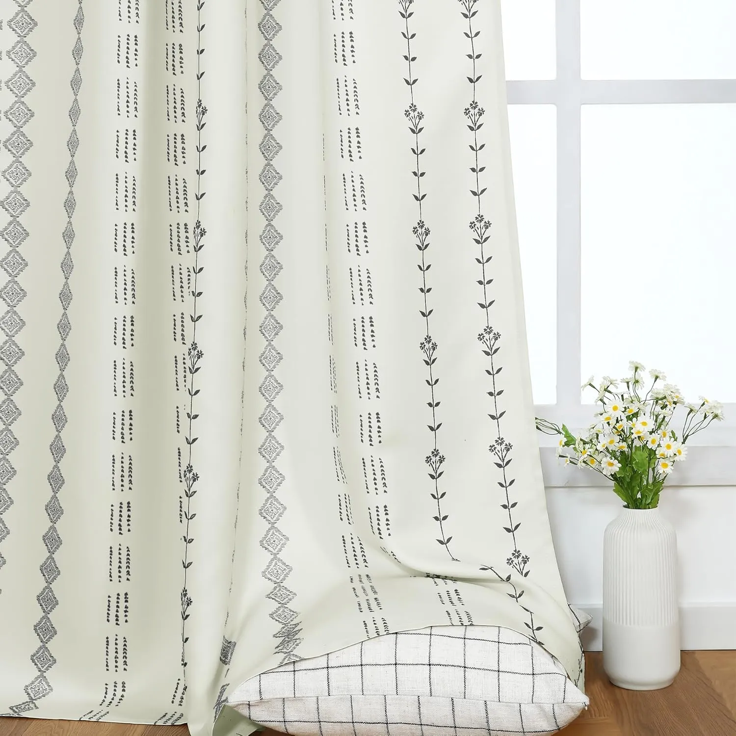 Room Darkening Farmhouse Curtains for Living Room,Cream and Black Boho 70% Blackout Curtains for Bedroom 84 Inches Long