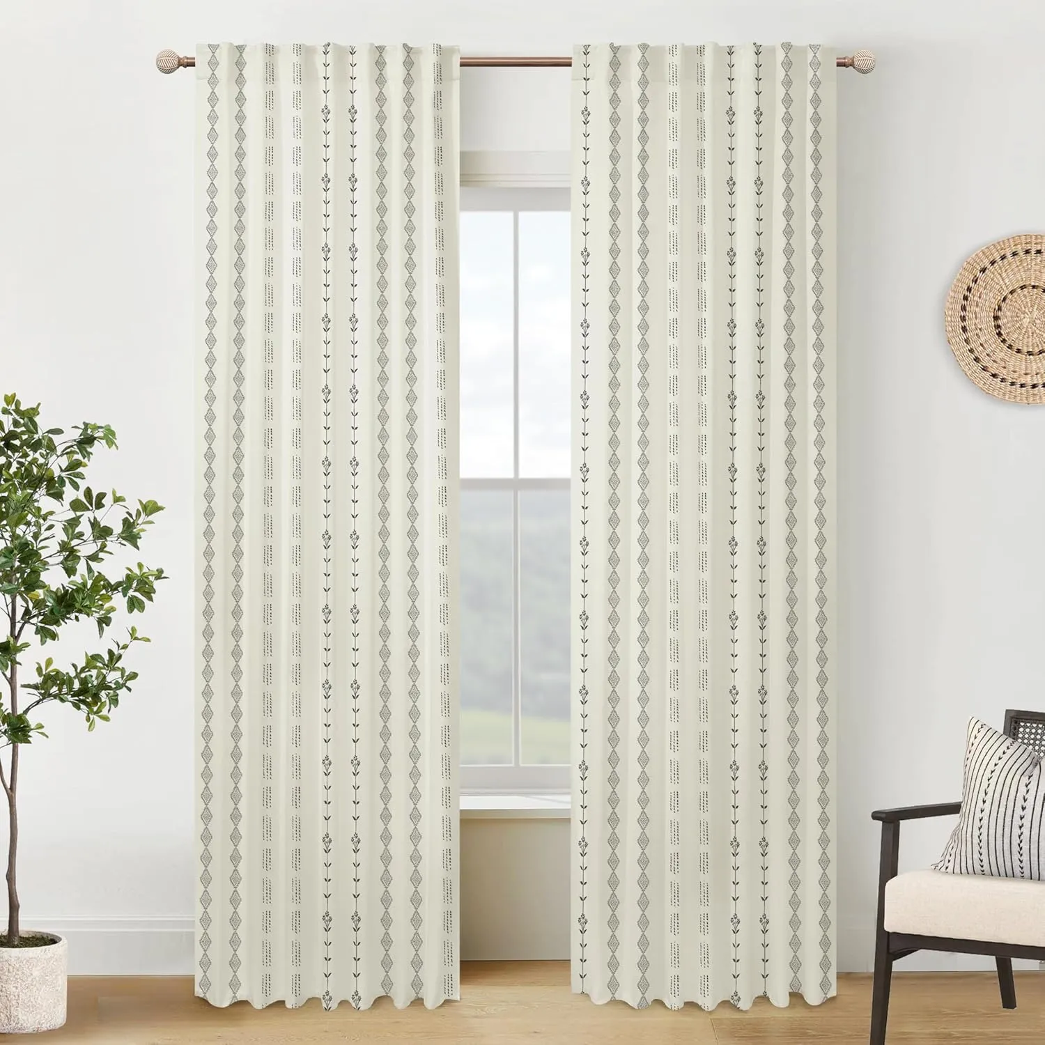 Room Darkening Farmhouse Curtains for Living Room,Cream and Black Boho 70% Blackout Curtains for Bedroom 84 Inches Long