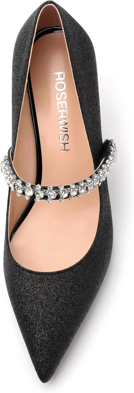 ROSERWISH Women's Closed Toe Rhinstone Wedding Low Heel Kitten Heels Pointed Toe Pumps High Heeled Prom Party Dress Shoes