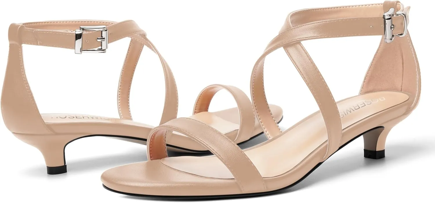 ROSERWISH Womens Matte Stylish Ankle Strap Dress Buckle Round Toe Wedding Kitten Low Heel Heeled Sandals 1.5 Inch