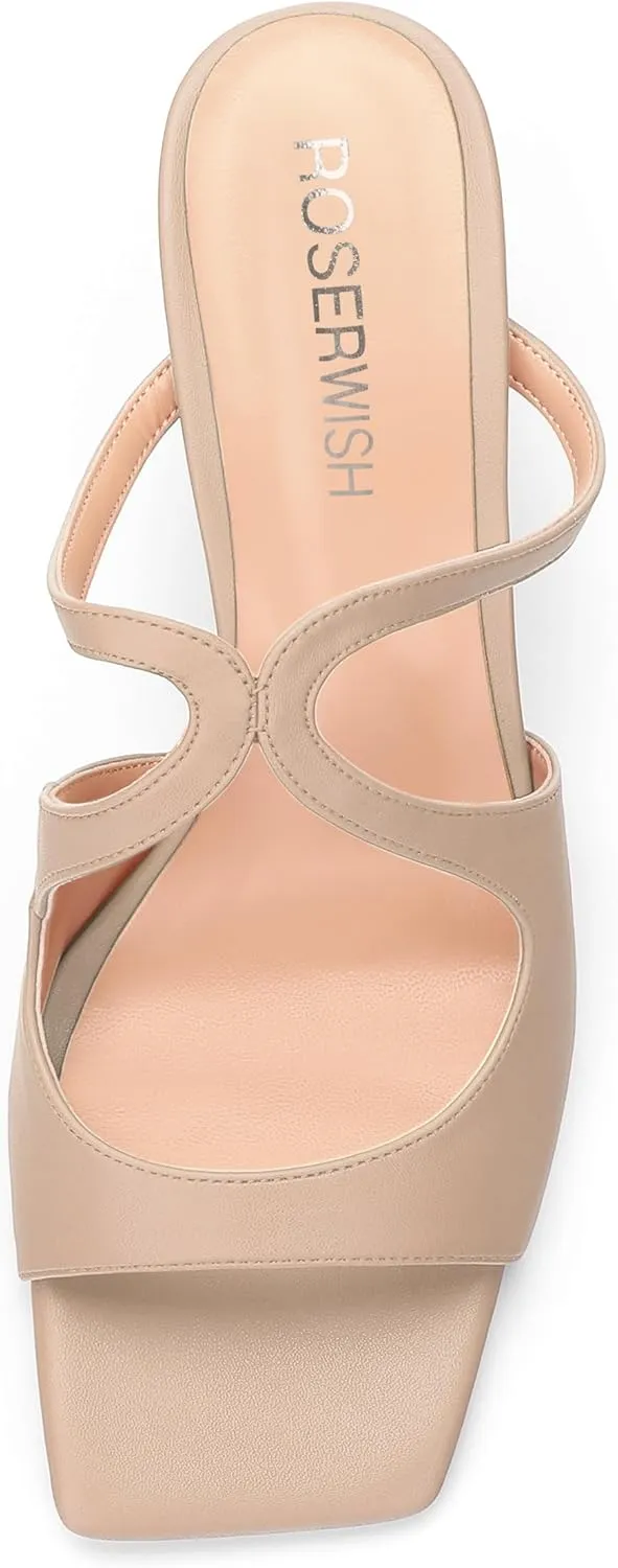 ROSERWISH Womens Square Toe Fashion Cutout Matte Slip On Party Kitten Low Heel Heeled Sandals 2 Inch