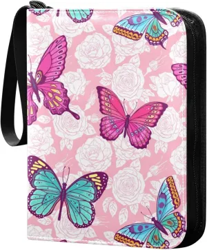 Roses-colorful-butterflies Game Sports Cards Card Binders 4 Pocket - Hold 400 Game Cards, Waterproof Wear-resistant Trading Card Albums Collection Book Holder for Boys Girls