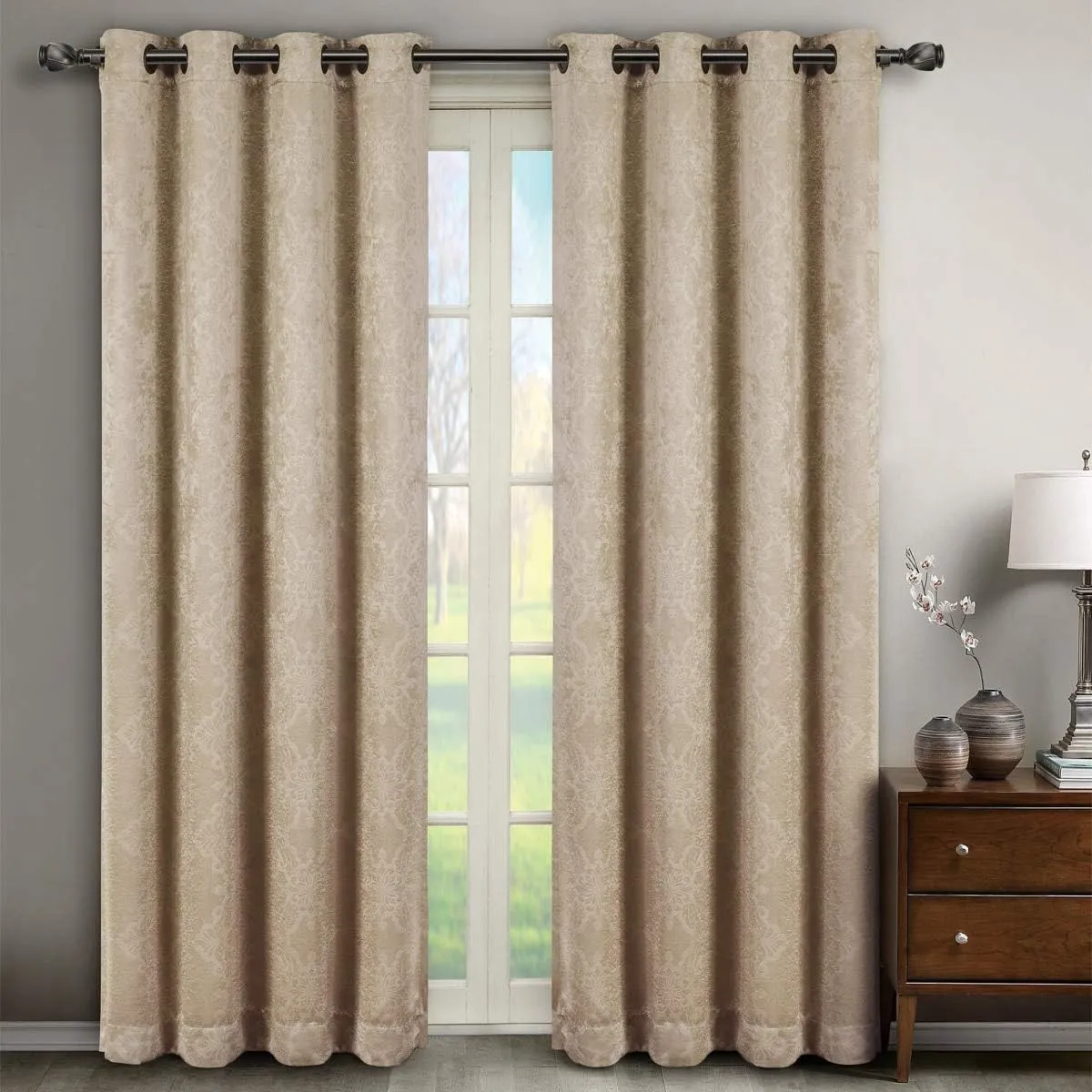 Royal Tradition Embossed Bella 104-Inch Wide-by-63-Inch Long, Set of 2 Grommet Top Blackout Curtain Panels, Beige