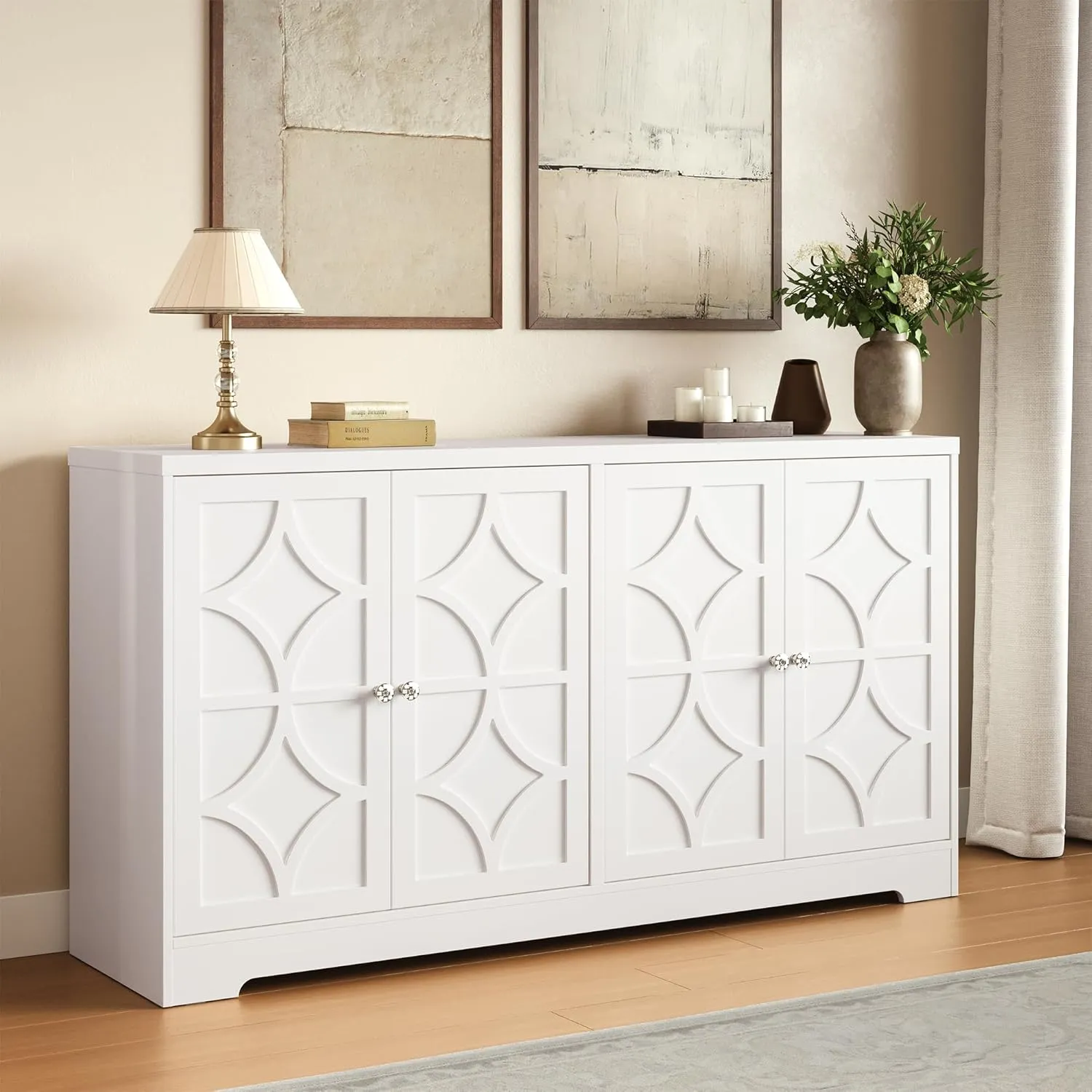 RoyalCraft Sideboard Buffet Cabinet, 56" Modern Credenza with 4 Doors and Adjustable Shelves, Large Wood Console Media for Kitchen, Satin White