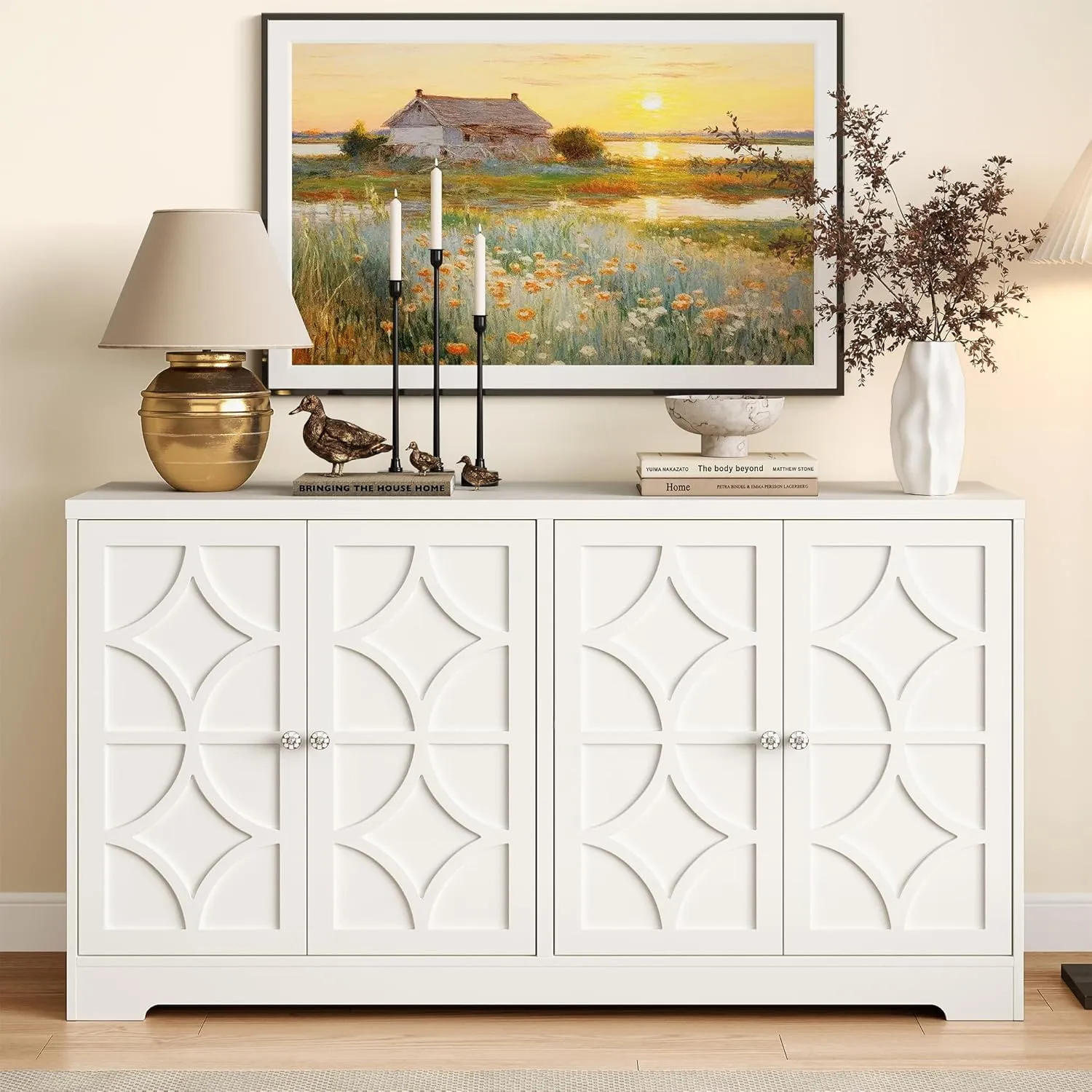 RoyalCraft Sideboard Buffet Cabinet, 56" Modern Credenza with 4 Doors and Adjustable Shelves, Large Wood Console Media for Kitchen, Satin White
