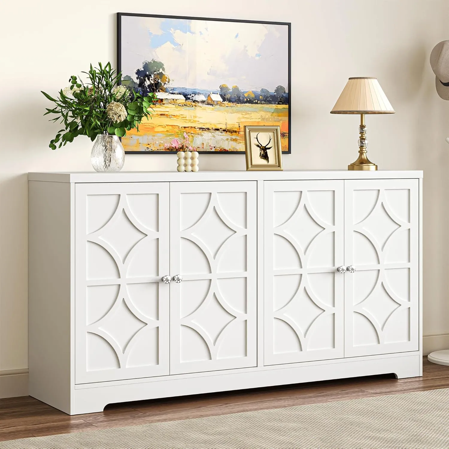 RoyalCraft Sideboard Buffet Cabinet, 56" Modern Credenza with 4 Doors and Adjustable Shelves, Large Wood Console Media for Kitchen, Satin White