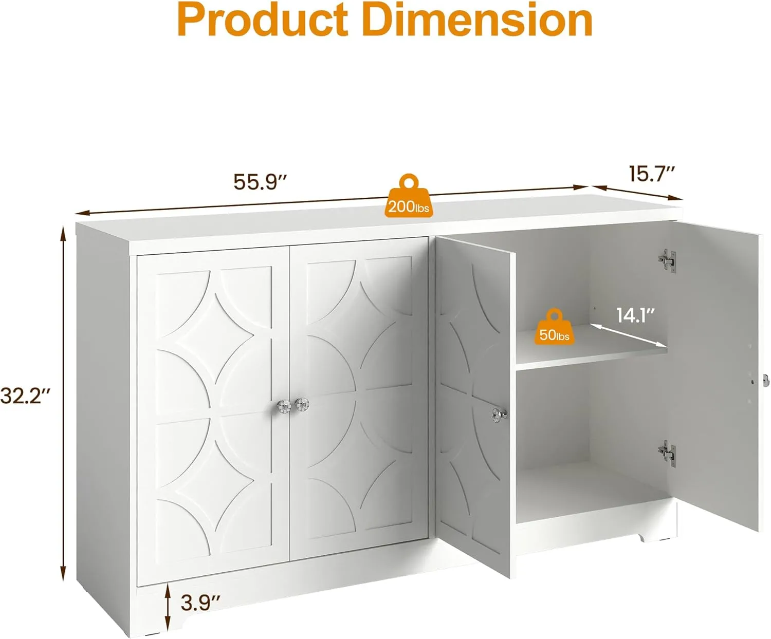 RoyalCraft Sideboard Buffet Cabinet, 56" Modern Credenza with 4 Doors and Adjustable Shelves, Large Wood Console Media for Kitchen, Satin White