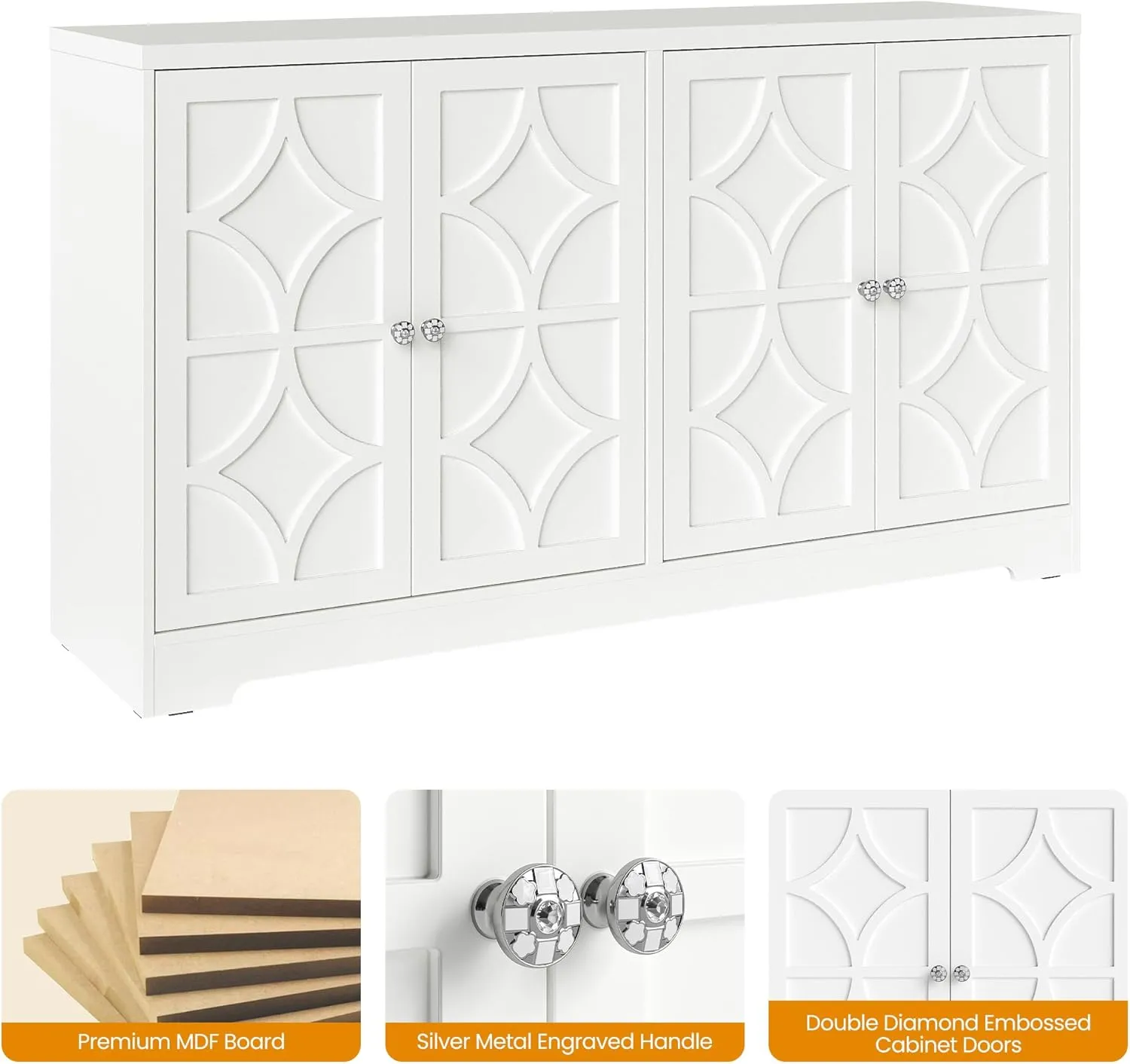 RoyalCraft Sideboard Buffet Cabinet, 56" Modern Credenza with 4 Doors and Adjustable Shelves, Large Wood Console Media for Kitchen, Satin White