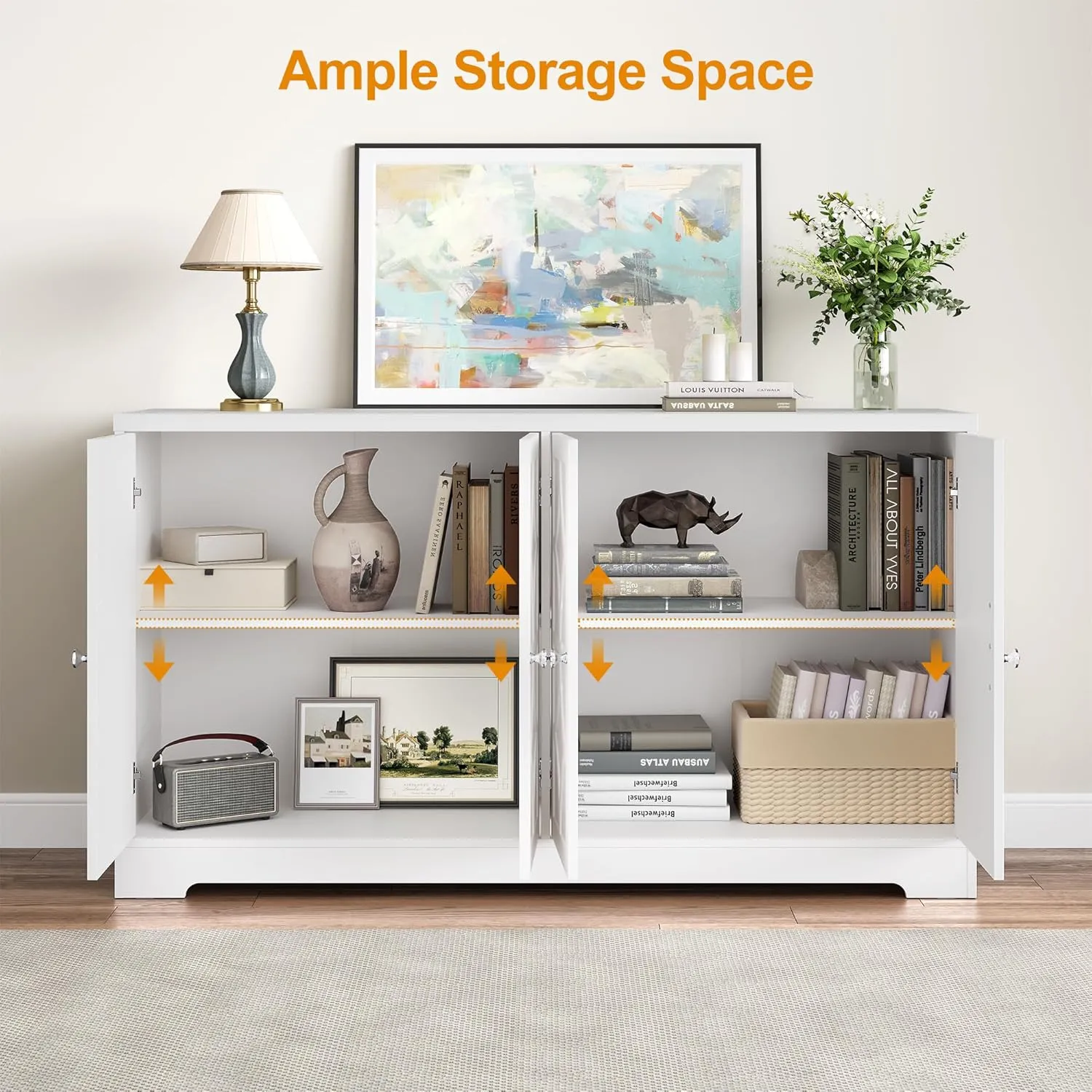 RoyalCraft Sideboard Buffet Cabinet, 56" Modern Credenza with 4 Doors and Adjustable Shelves, Large Wood Console Media for Kitchen, Satin White