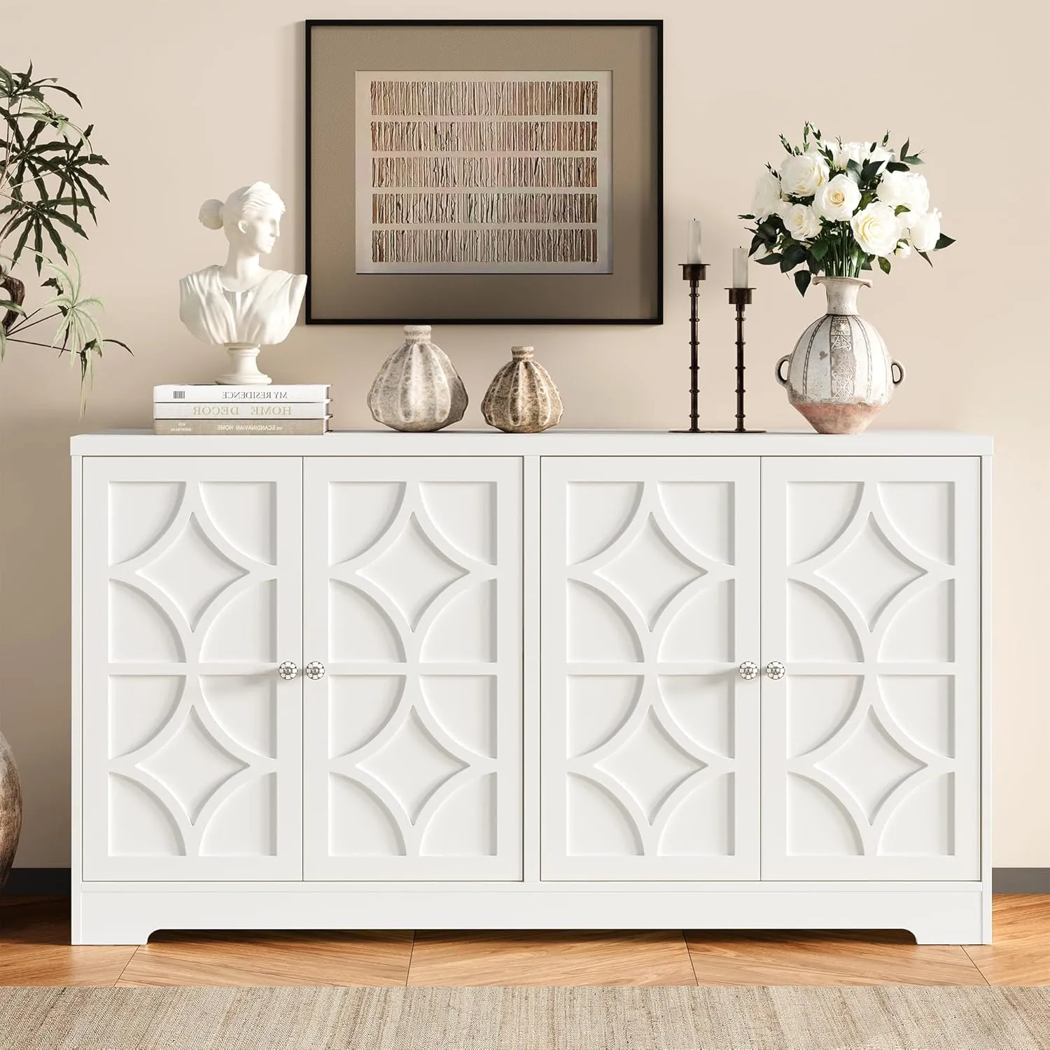 RoyalCraft Sideboard Buffet Cabinet, 56" Modern Credenza with 4 Doors and Adjustable Shelves, Large Wood Console Media for Kitchen, Satin White