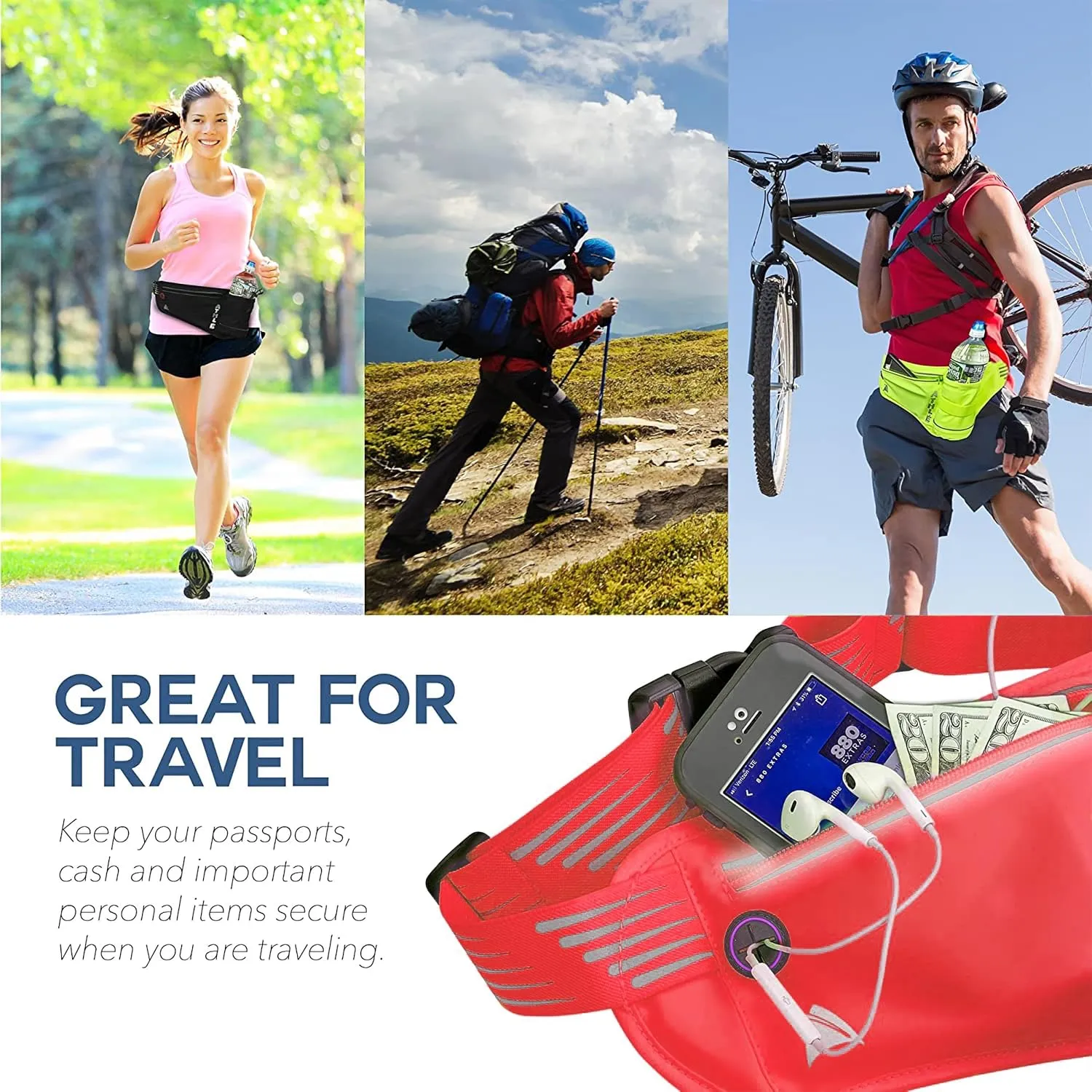 Running Fanny Pack with Water Bottle Holder - Adjustable Running Belt With Water Bottle Holder and Pouch - One Size Fits All Travel Fanny Pack
