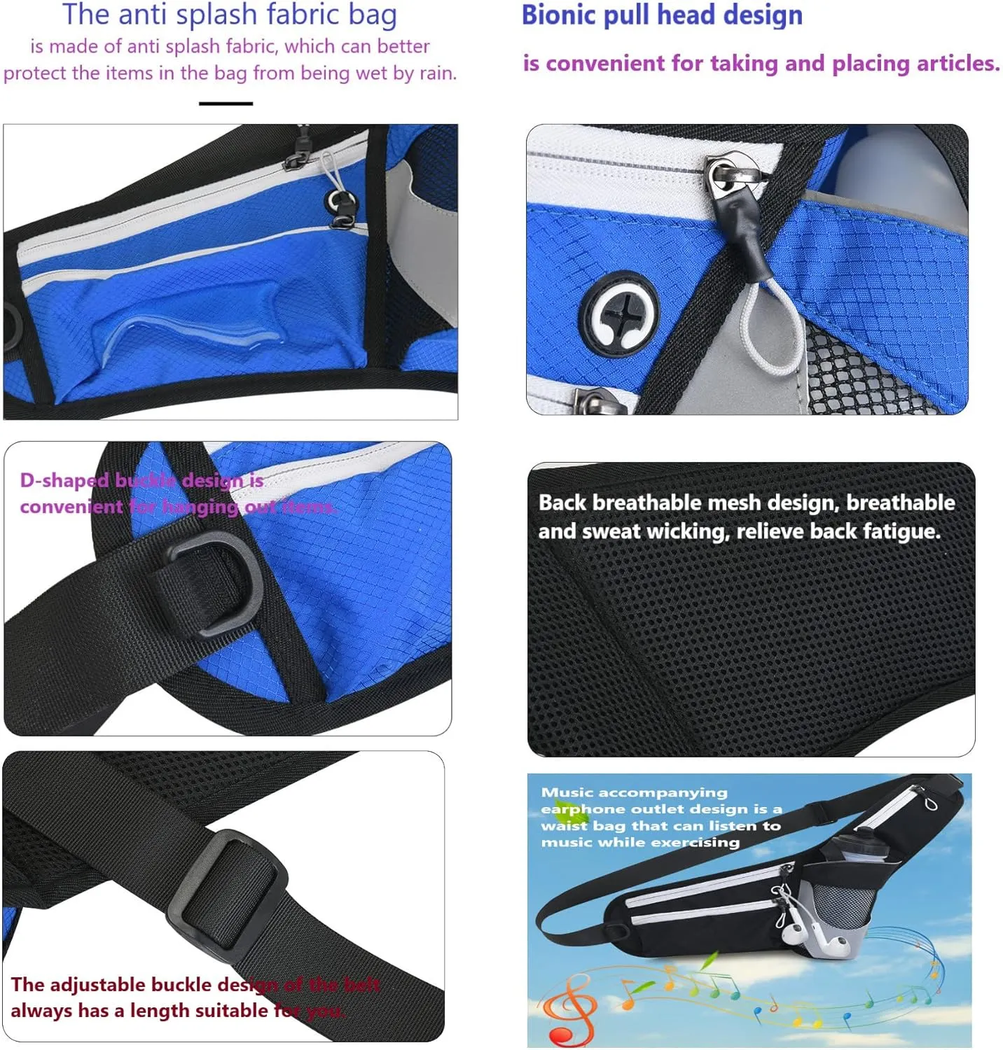 Running Waist Packs Large Crossbody Fanny Pack with 3 Zipper Pockets & a Bottle Pocket Enjoy Sports Workout Traveling Running Casual Hands Free Waist Pack for Gifts Phone Bag (Blue)