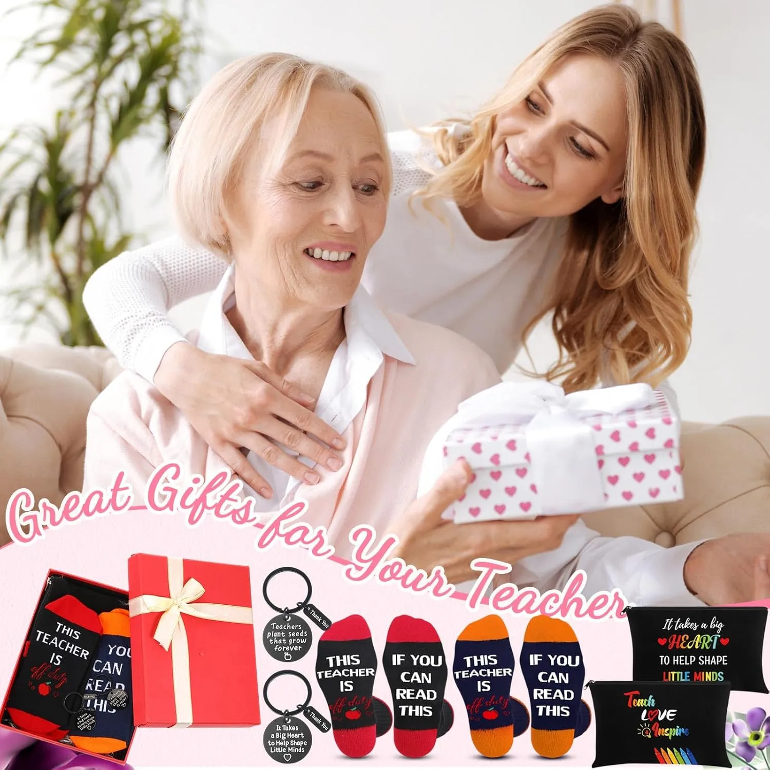 Saintrygo 6 Pieces Teacher Appreciation Gift Set for Women 2 Pcs Teacher Cosmetic Makeup Bags 2 Pairs Novelty Cozy Fuzzy Socks and 2 Pcs Keychain(Black,Teach Love Inspire)