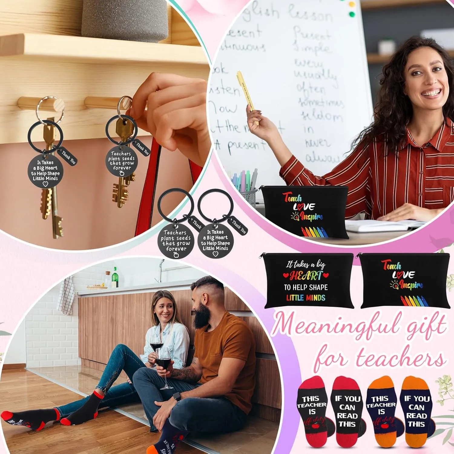 Saintrygo 6 Pieces Teacher Appreciation Gift Set for Women 2 Pcs Teacher Cosmetic Makeup Bags 2 Pairs Novelty Cozy Fuzzy Socks and 2 Pcs Keychain(Black,Teach Love Inspire)