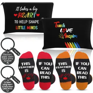Saintrygo 6 Pieces Teacher Appreciation Gift Set for Women 2 Pcs Teacher Cosmetic Makeup Bags 2 Pairs Novelty Cozy Fuzzy Socks and 2 Pcs Keychain(Black,Teach Love Inspire)