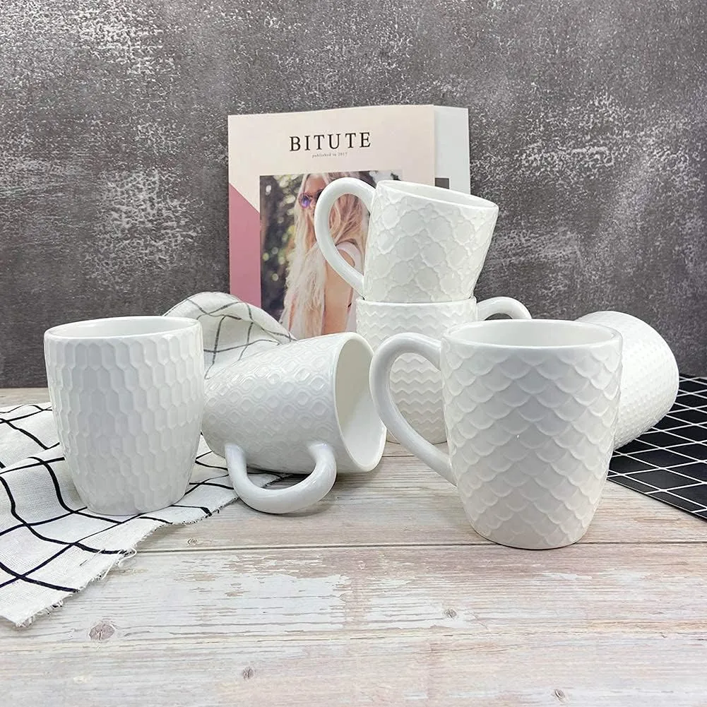 Schliersee 12 OZ White Ceramic Coffee Mugs set of 6, Stylish Embossed Coffee Cups Set for Coffee, Tea, Milk, Cocoa, Cereal