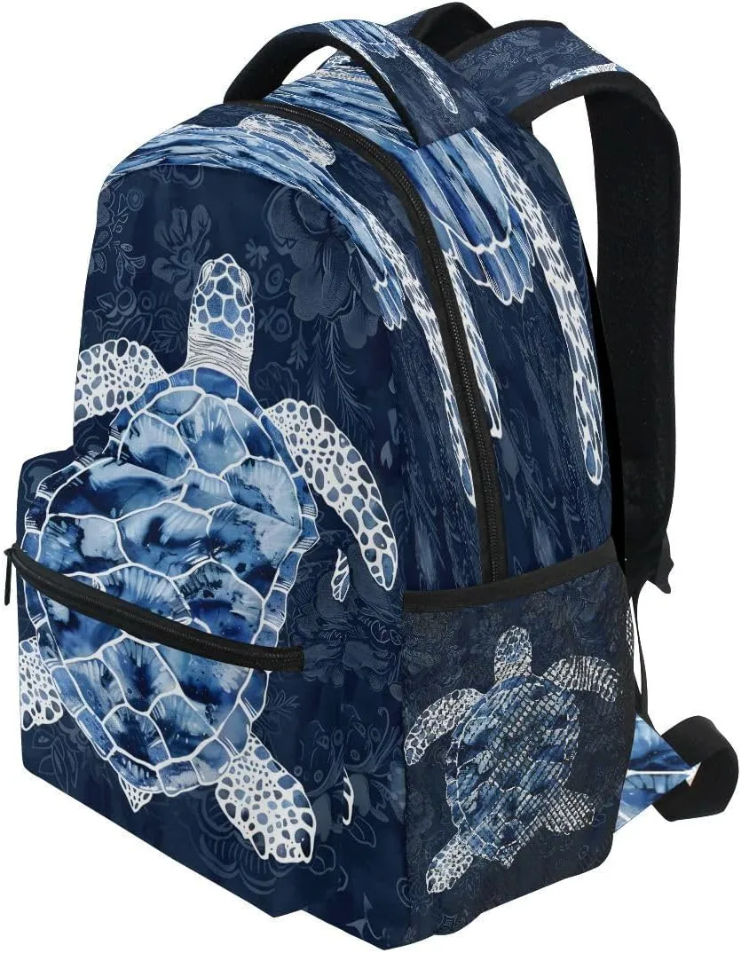 School Backpack Blue White Sea Turtle Teens Girls Boys Bookbags Travel Schoolbag