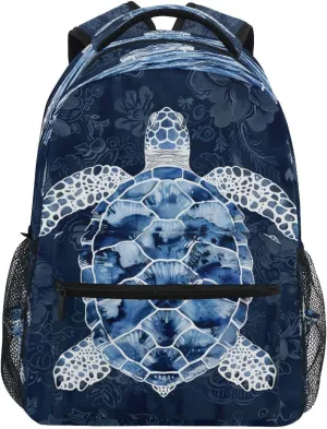 School Backpack Blue White Sea Turtle Teens Girls Boys Bookbags Travel Schoolbag