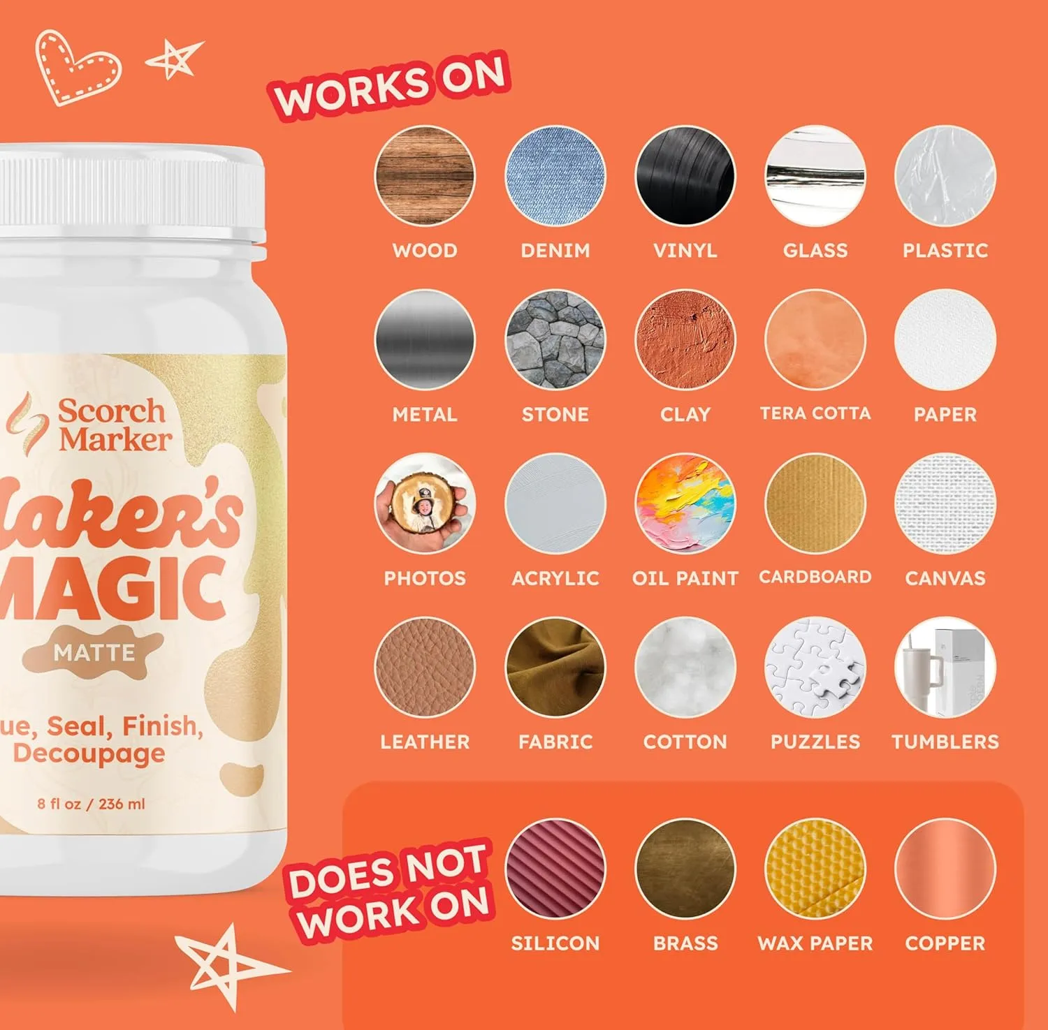 SCORCH MARKER - Maker’s Magic Sealer - Matte Finish 8oz, Tacky Glue for Craft Supplies & Materials, Waterbase & Waterproof Sealer, Craft Glue Quick Dry Matte for Decoupage, Wood, Fabric & More