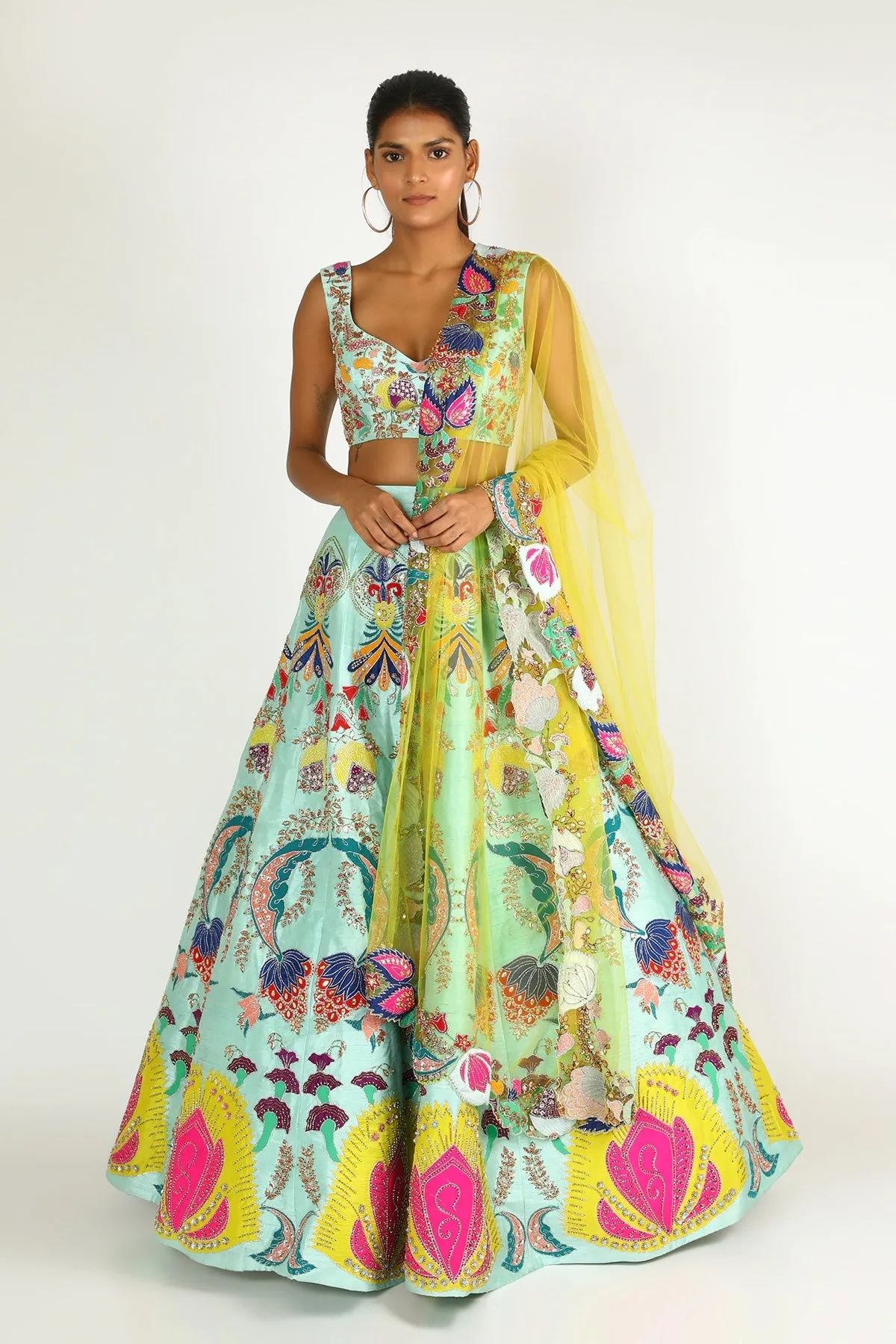 Scuba Blue Nadenka Raw Silk Appliquéd And Embellished Lehenga With Blouse And Cutwork Tulle Dupatta
