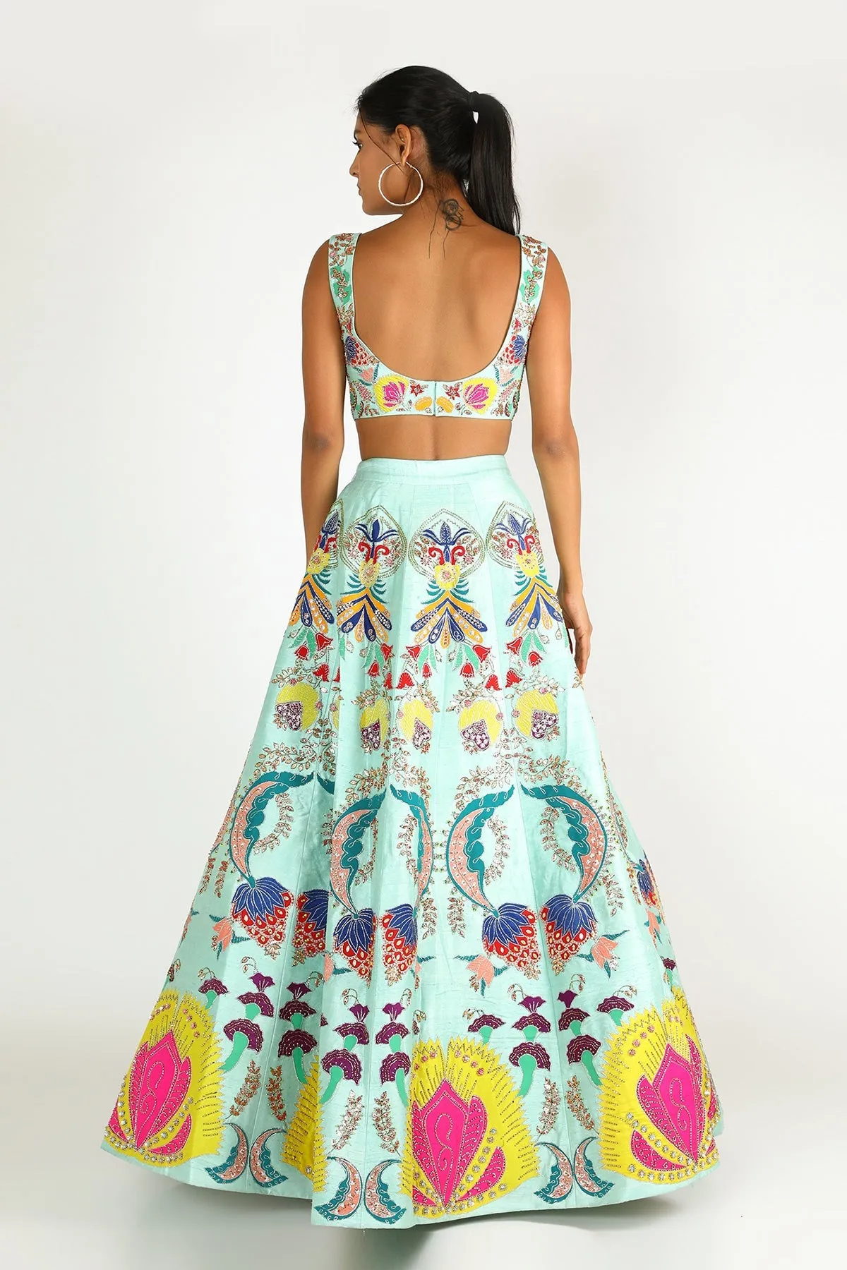Scuba Blue Nadenka Raw Silk Appliquéd And Embellished Lehenga With Blouse And Cutwork Tulle Dupatta