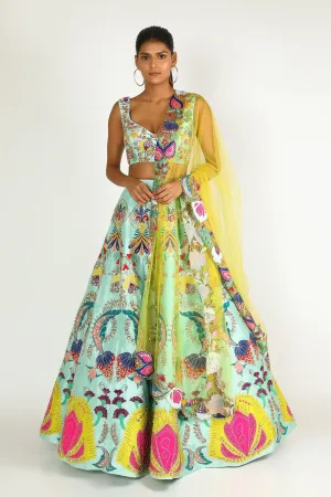 Scuba Blue Nadenka Raw Silk Appliquéd And Embellished Lehenga With Blouse And Cutwork Tulle Dupatta