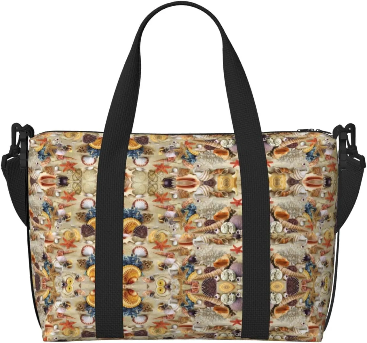 Sea Star Seashell Sandy Beach Theme Zippered Tote Bags For Women,Duffle Bag For Men,Spacious Travel Bag For Weekend Getaways