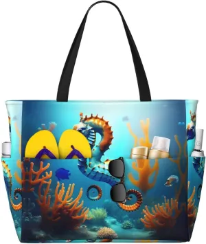 Seabed coral seahorse Foldable beach travel bag, large capacity beach bag with zipper, perfect for shopping bags, pool, gym, travel shopping,