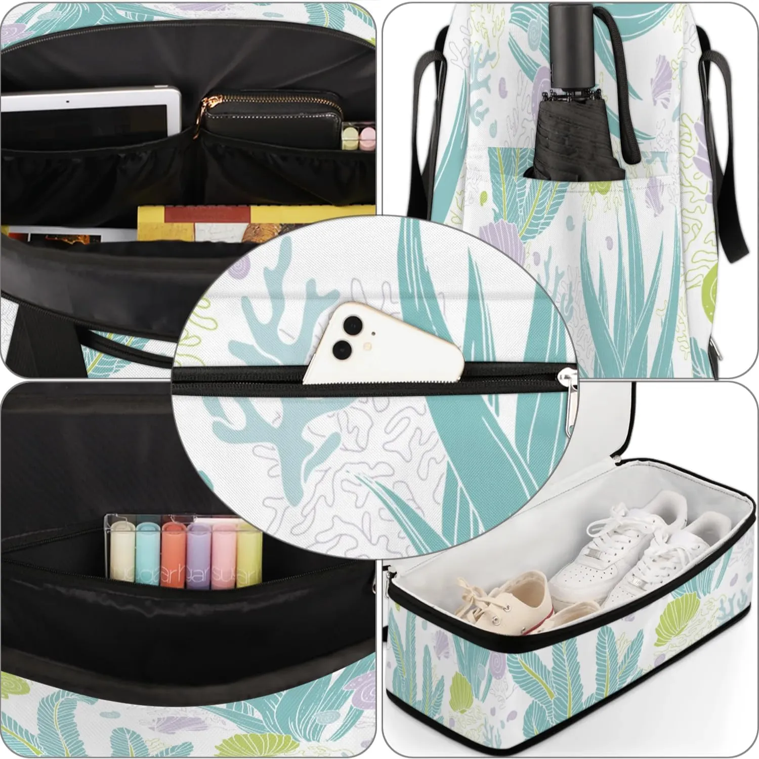 Seashell Seaweed Sports Gym Bag with Shoes Compartment Foldable Travel Duffel Bag Dry Wet Separated Sports Tote Workout Weekender Overnight Bag for Women Yoga Dance Work Training Handbag
