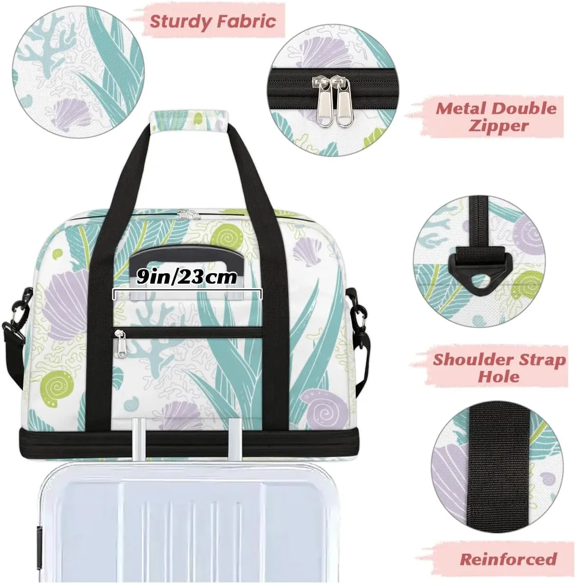 Seashell Seaweed Sports Gym Bag with Shoes Compartment Foldable Travel Duffel Bag Dry Wet Separated Sports Tote Workout Weekender Overnight Bag for Women Yoga Dance Work Training Handbag
