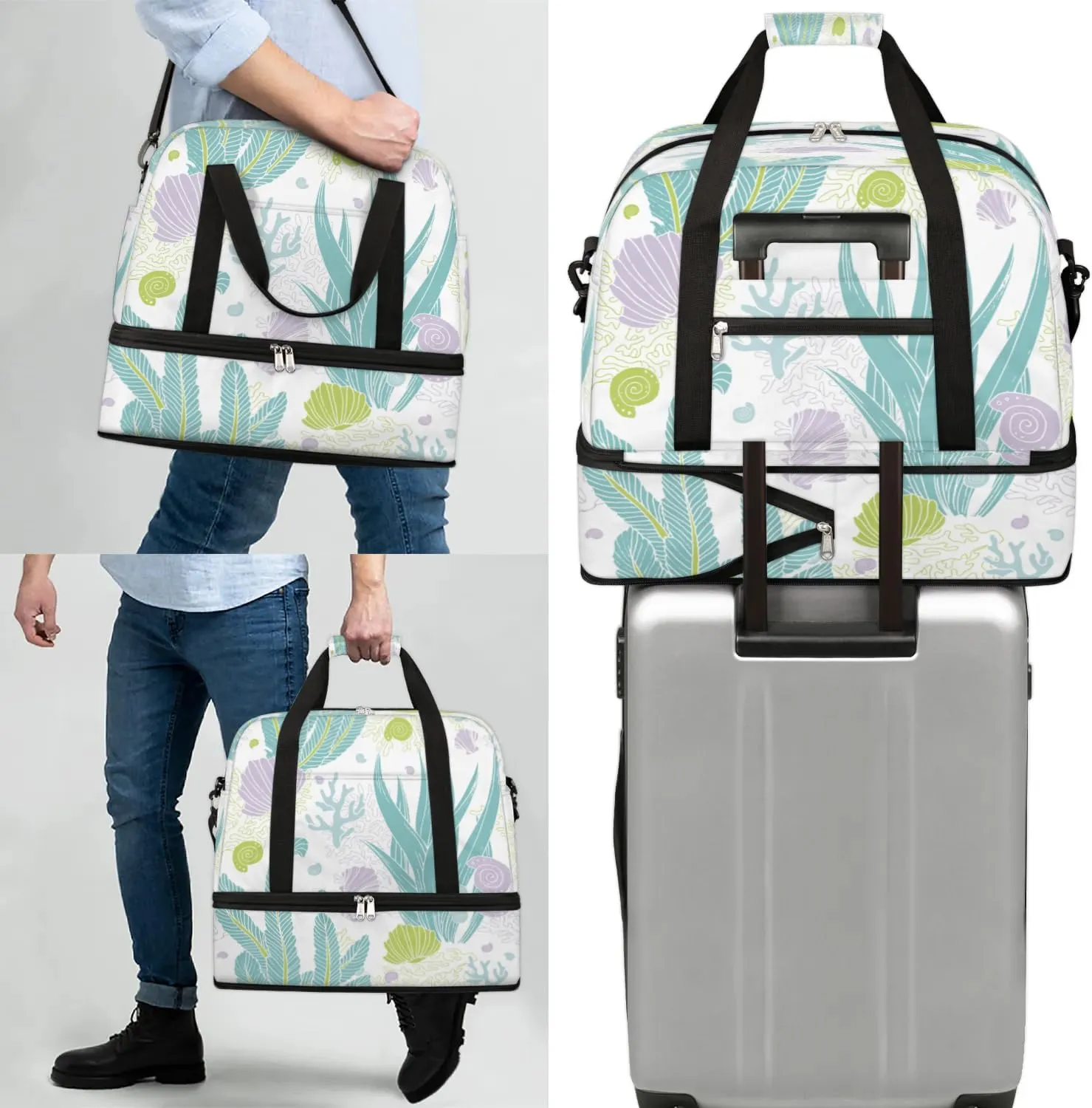 Seashell Seaweed Sports Gym Bag with Shoes Compartment Foldable Travel Duffel Bag Dry Wet Separated Sports Tote Workout Weekender Overnight Bag for Women Yoga Dance Work Training Handbag